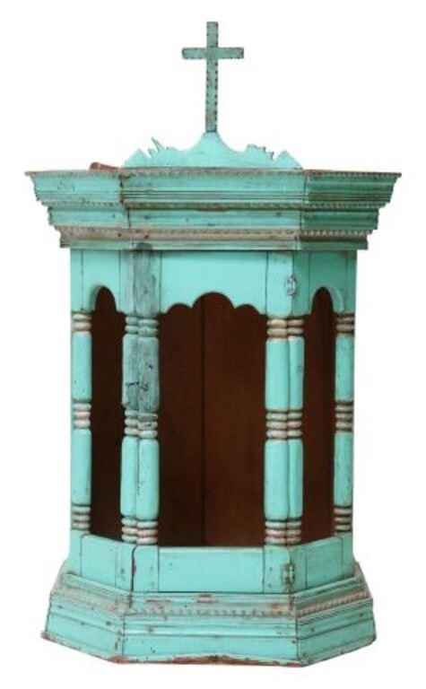 Appraisal: Rustic painted wood nicho capilla cabinet Mexico cross finial surmounting