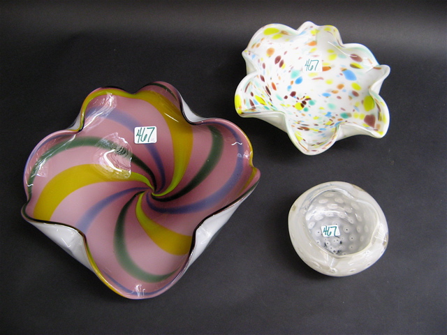 Appraisal: THREE MURANO ART GLASS BOWLS a shallow bowl with folds