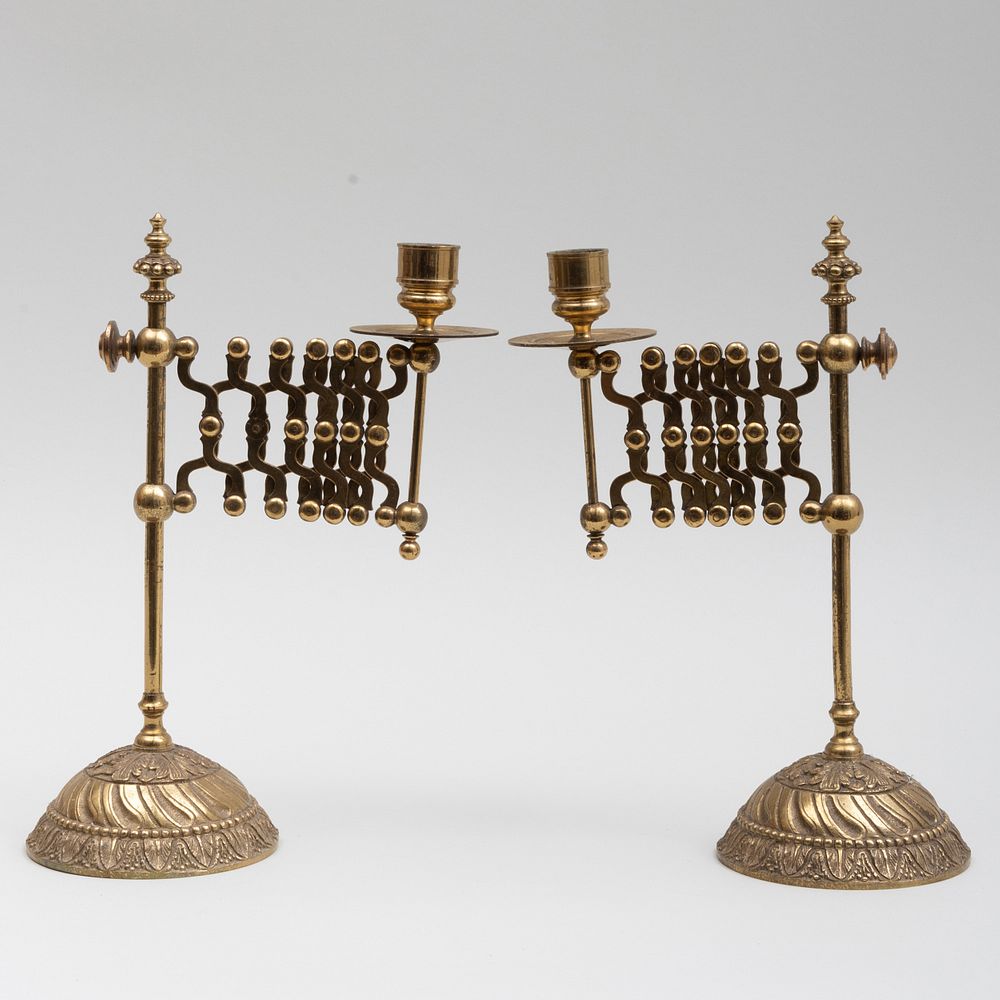 Appraisal: Pair of Victorian Brass Candlesticks with Accordian Articulated Arms Weighted