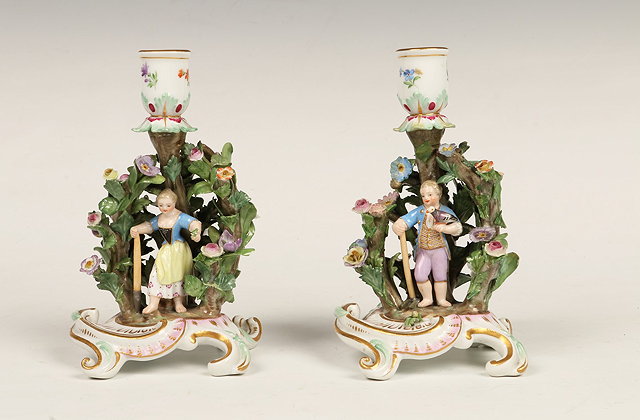 Appraisal: A PAIR OF LATE MEISSEN CHAMBER STICKS each in the