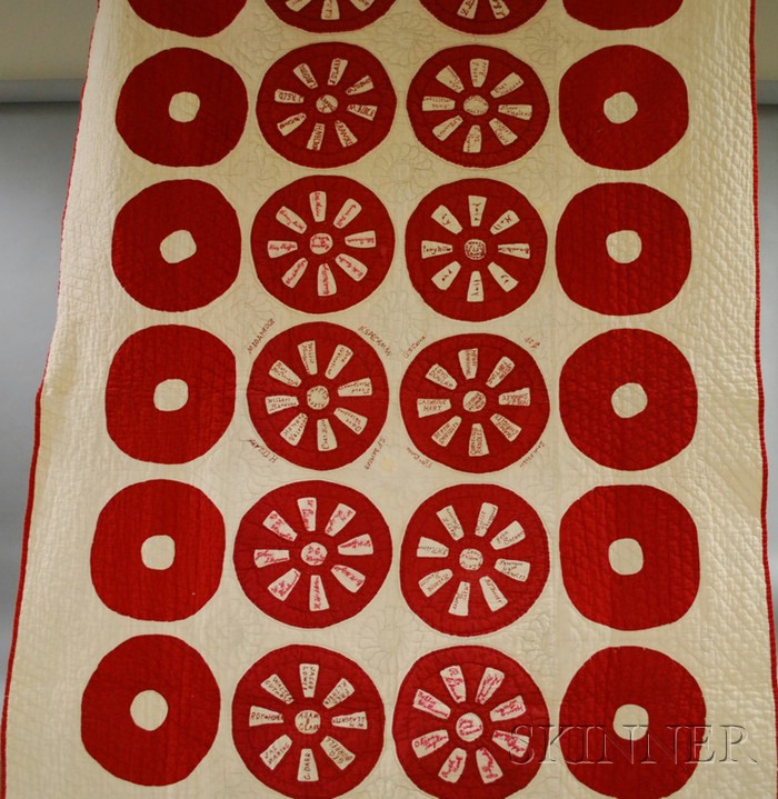 Appraisal: Red and White Pieced and Embroidered Cotton Friendship Quilt first