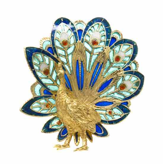 Appraisal: A Vintage Karat Yellow Gold Diamond and Plique-A-Jour Peacock Brooch