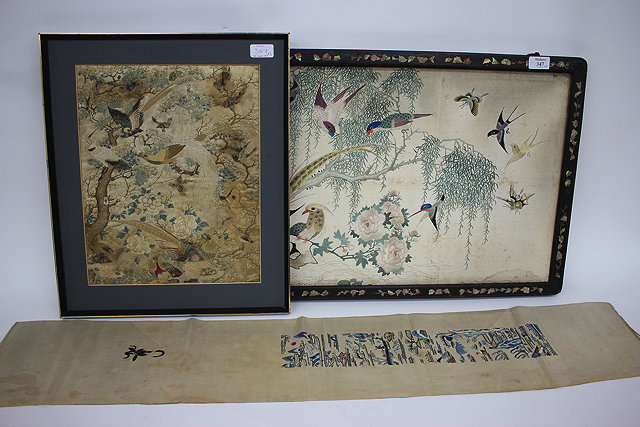 Appraisal: A CHINESE EMBROIDERED SILK PANEL with parrots and hummingbirds within