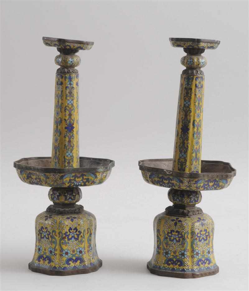 Appraisal: PAIR OF CHINESE YELLOW-GROUND CLOISONN ENAMEL CANDLE HOLDERS Each hexagonal