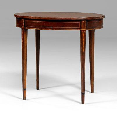 Appraisal: Hepplewhite style inlaid table oval single-board mahogany top inlaid skirt