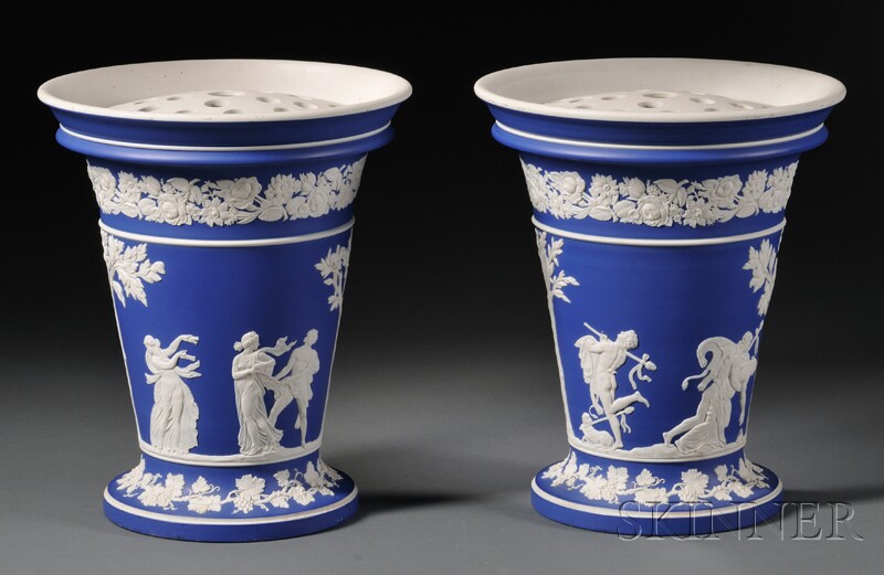 Appraisal: Large Pair of Wedgwood Dark Blue Jasper Dip Potpourri Vases