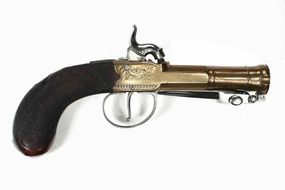 Appraisal: PERCUSSION PISTOL WITH BAYONET - English Brass Barrel Percussion Pistol