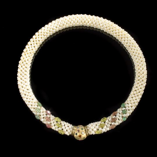 Appraisal: Striking Eighteen-Karat Yellow Gold Pearl Gemstone and Diamond Necklace signed