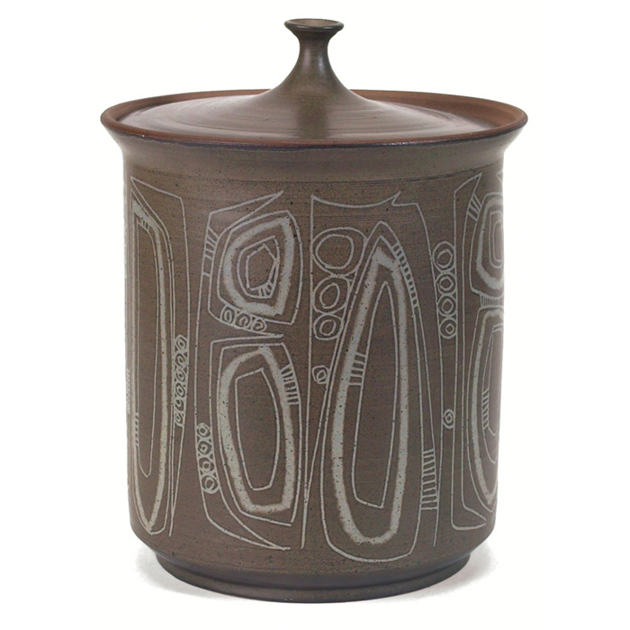 Appraisal: Clyde Burt covered jar cylindrical form in dark grey glaze