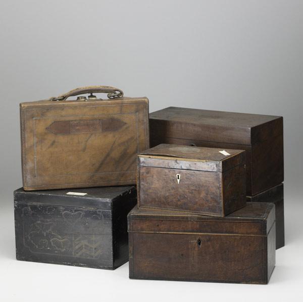 Appraisal: EIGHT DECORATIVE BOXES Include four tea caddies lacquered tea box