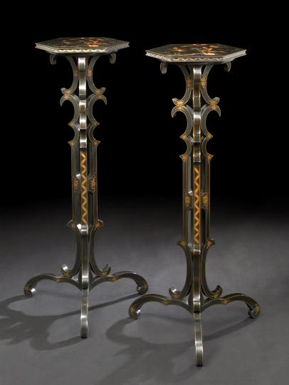 Appraisal: Pair of Ebonized and Polychromed Pedestals each with a hexagonal