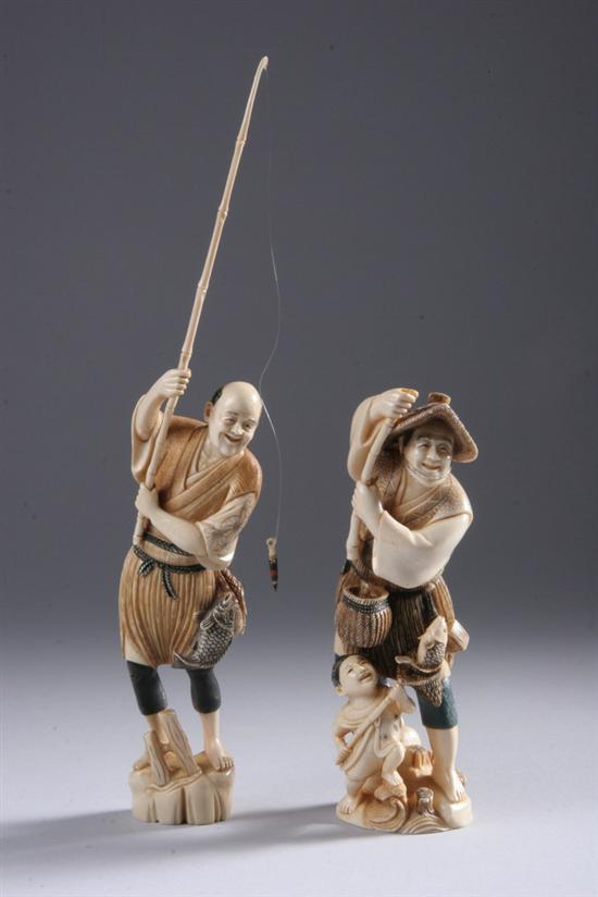 Appraisal: TWO JAPANESE IVORY FIGURES OF FISHERMEN th century signed Each