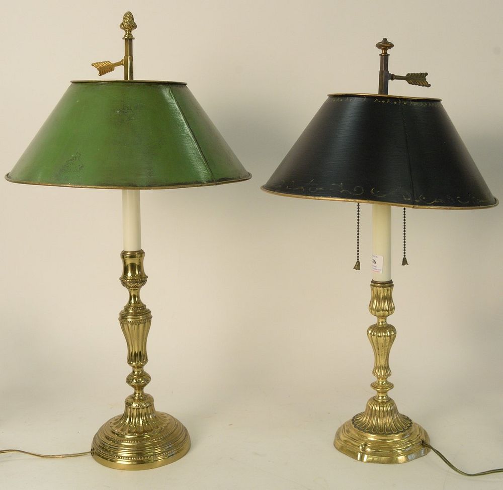 Appraisal: Two French Brass Candlesticks made into lamps with adjustable tole