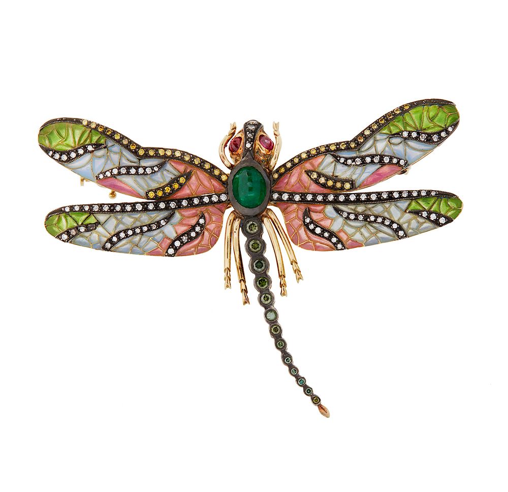 Appraisal: Plique-a-jour Dragon Fly Brooch Plique-a-jour k dragon fly brooch Accented