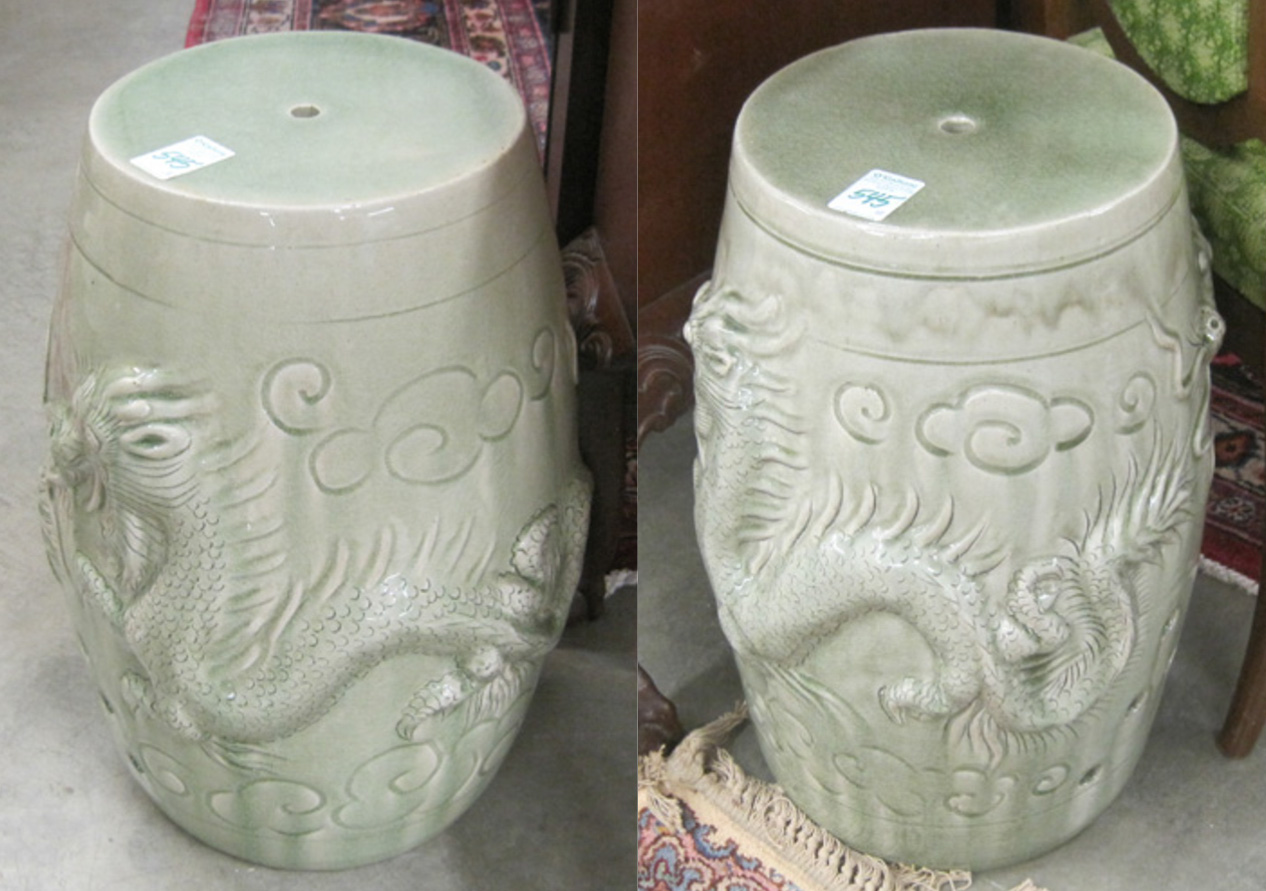 Appraisal: PAIR OF CELADON POTTERY GARDEN STOOLS Thailand th century matching