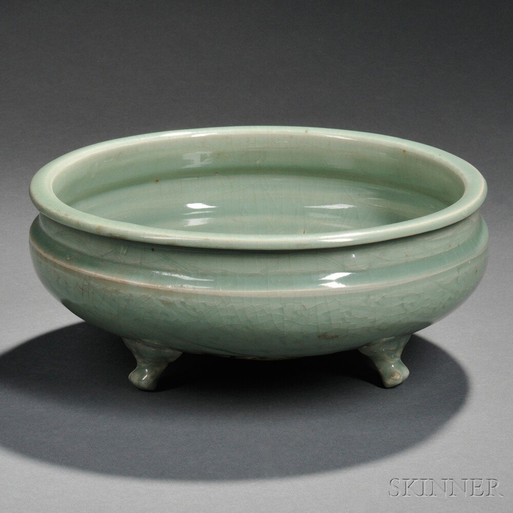 Appraisal: Tripod Celadon Censer China Ming Dynasty or later the body