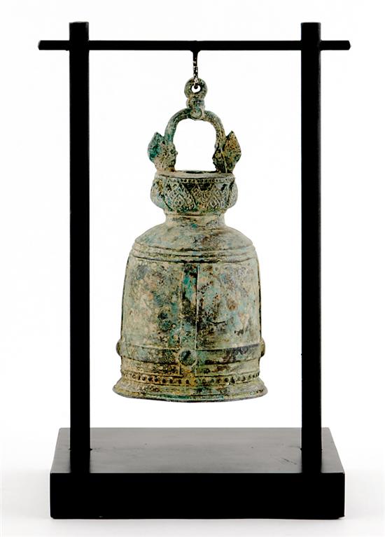 Appraisal: Asian cast metal bell with verdigris head decorated with lotus