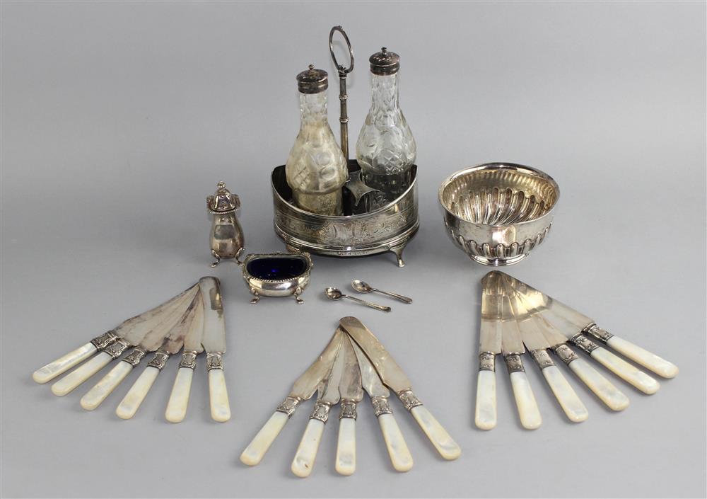 Appraisal: GEORGE III SILVER CRUET STAND AND SIXTEEN VARIOUS BRITISH SILVER