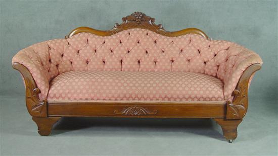 Appraisal: Victorian Loveseat Circa Finger carved walnut back crest with grapes