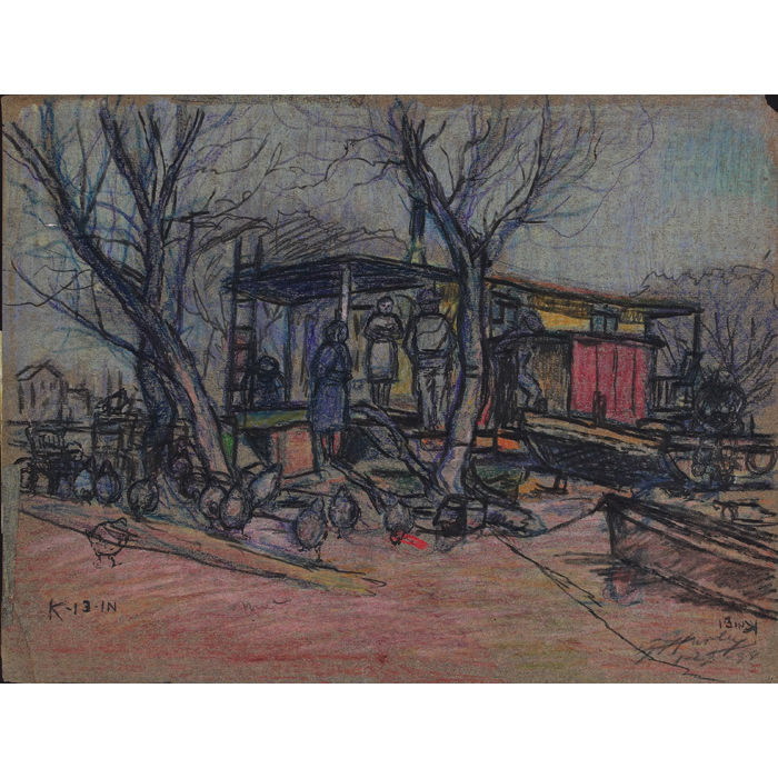 Appraisal: E T Hurley drawing ink and pastel on paper boathouse