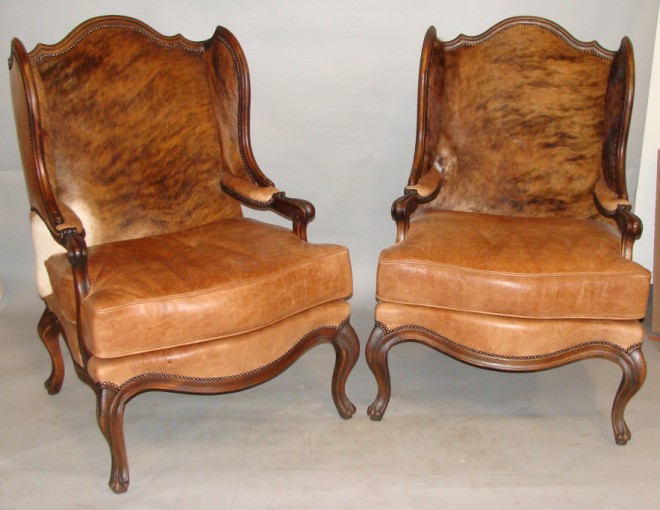 Appraisal: Pair of Fur and Leather Upholstered Wingback Chairs