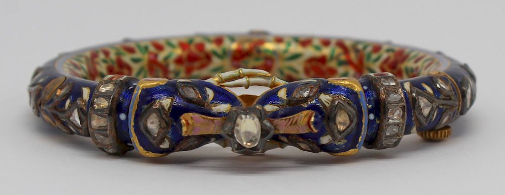 Appraisal: JEWELRY Indian Mughal Diamond and Enamel Bracelet Indian Mughal hinged