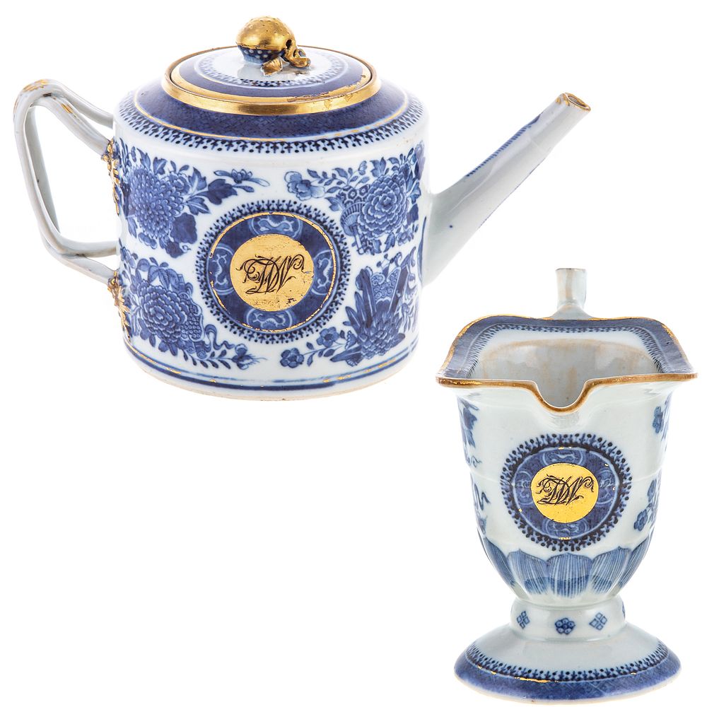 Appraisal: Chinese Export Blue Fitzhugh Drum Teapot Pitcher Circa having gilt