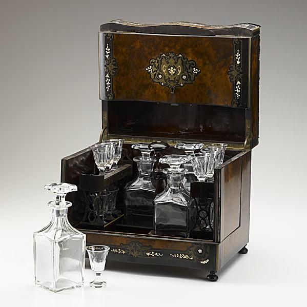 Appraisal: TANTALUS SETBoulle work and inlay with four bottles and fifteen