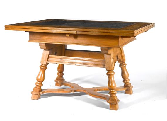 Appraisal: SLATE-TOP EXTENDING TABLE Baroque style Walnut with light wood stringing