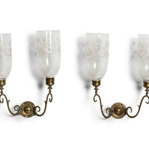 Appraisal: A Pair of Classical Brass and Etched Hurricane Glass Two-Light