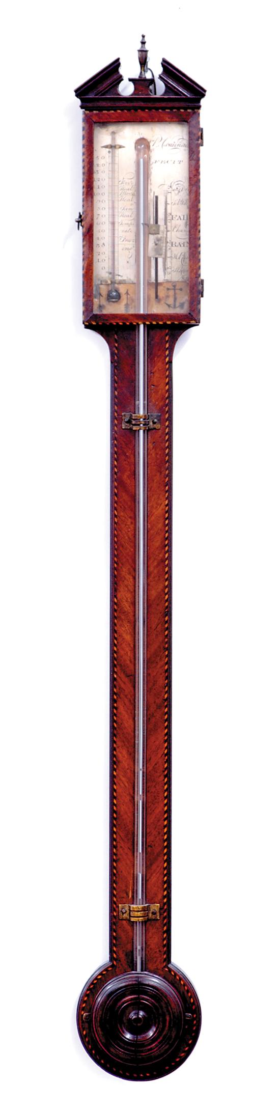 Appraisal: English inlaid mahogany stick barometer Peter Caminada circa broken arch