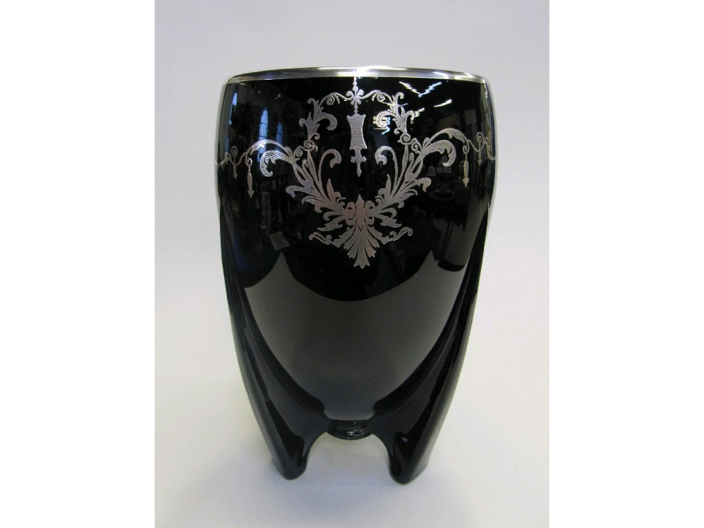 Appraisal: Continental black glass vase with applied white metal swag decoration