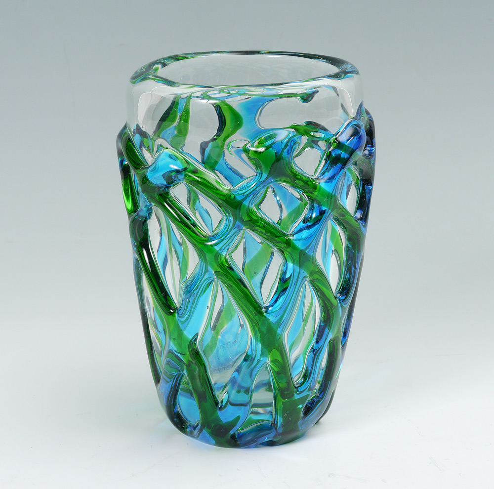 Appraisal: MURANO ART GLASS VASE Heavy clear glass with applied blue