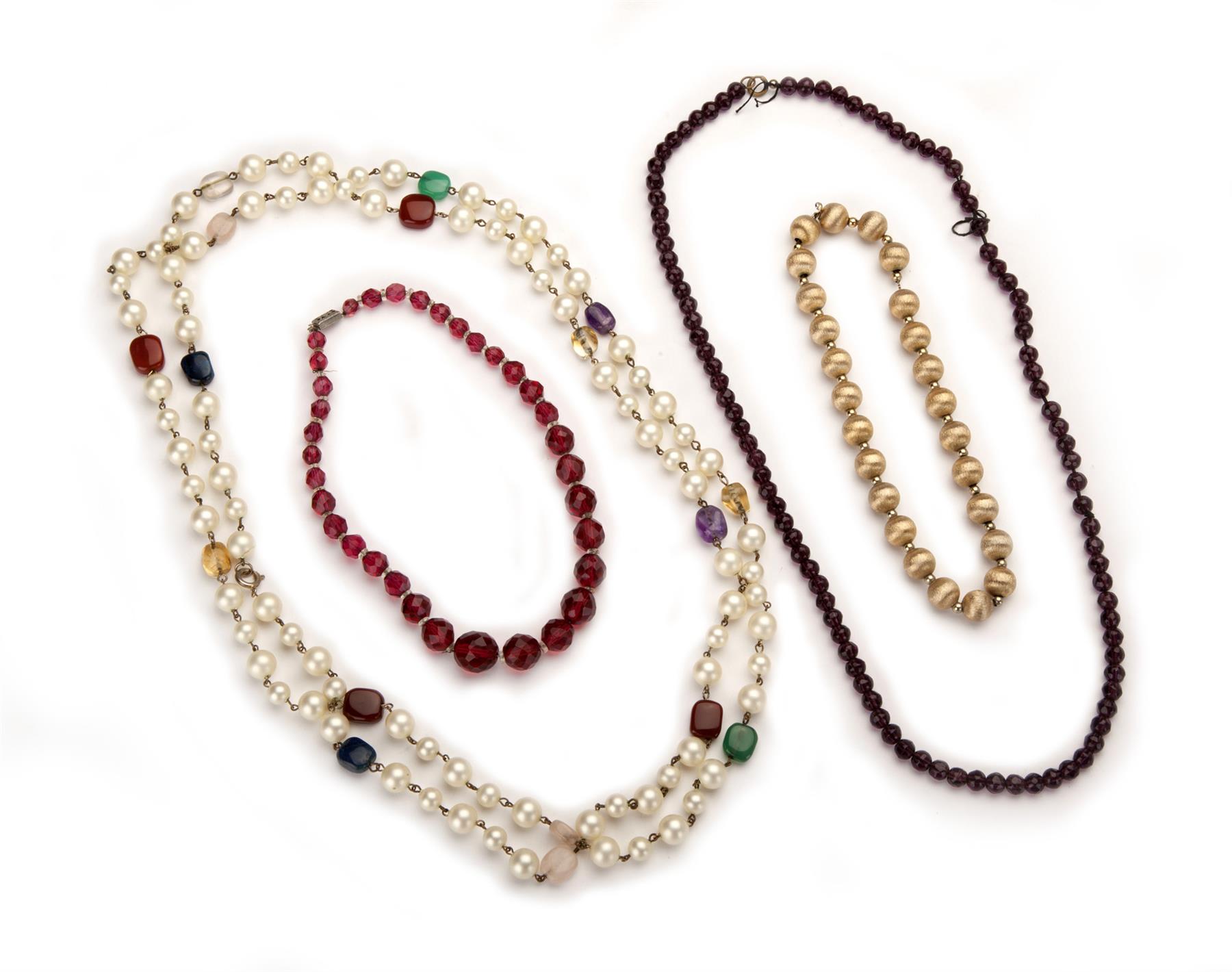 Appraisal: FOUR BEADED NECKLACES Victorian and th century including ruby hued