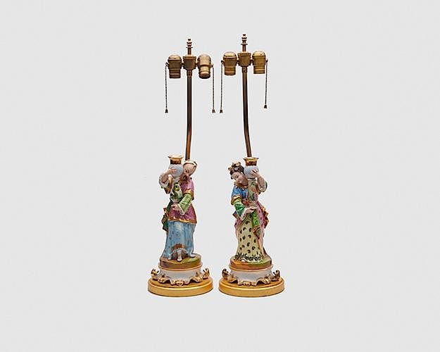 Appraisal: Pair of English Porcelain Chinoiserie Figurines mounted as lamps ca