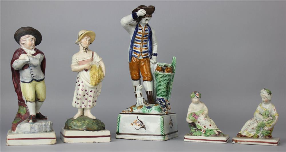 Appraisal: FIVE STAFFORDSHIRE PEARLWARE FIGURES early to mid th Century including