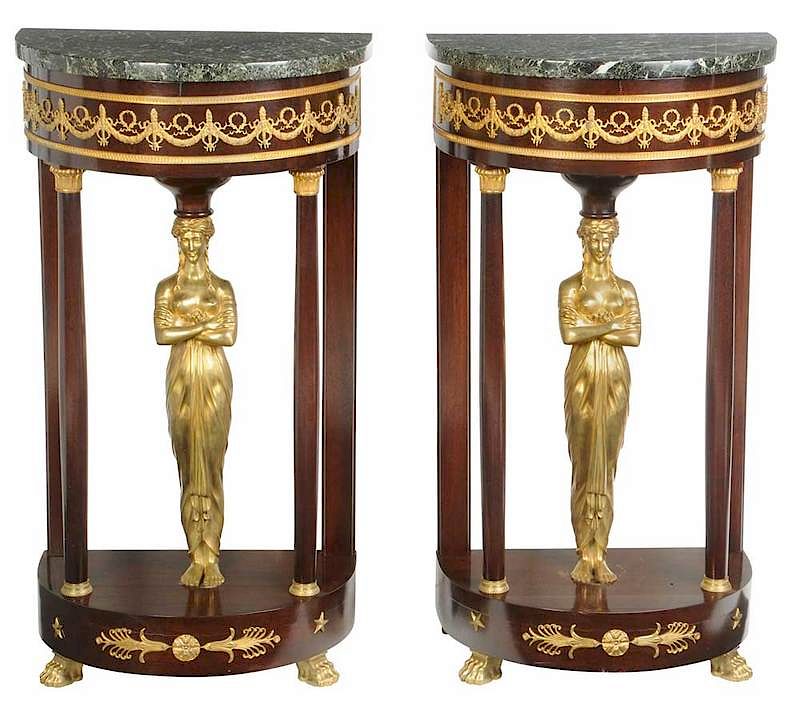 Appraisal: Pair Empire Style Marble-Top Console Tables late th century each