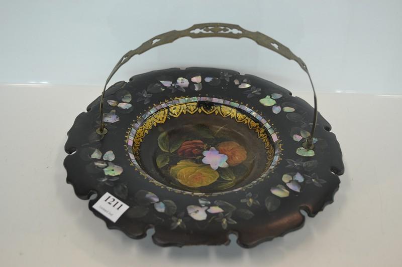 Appraisal: VICTORIAN PAPIER MACHE BASKET WITH MOTHER OF PEARL INLAY REPAIRED