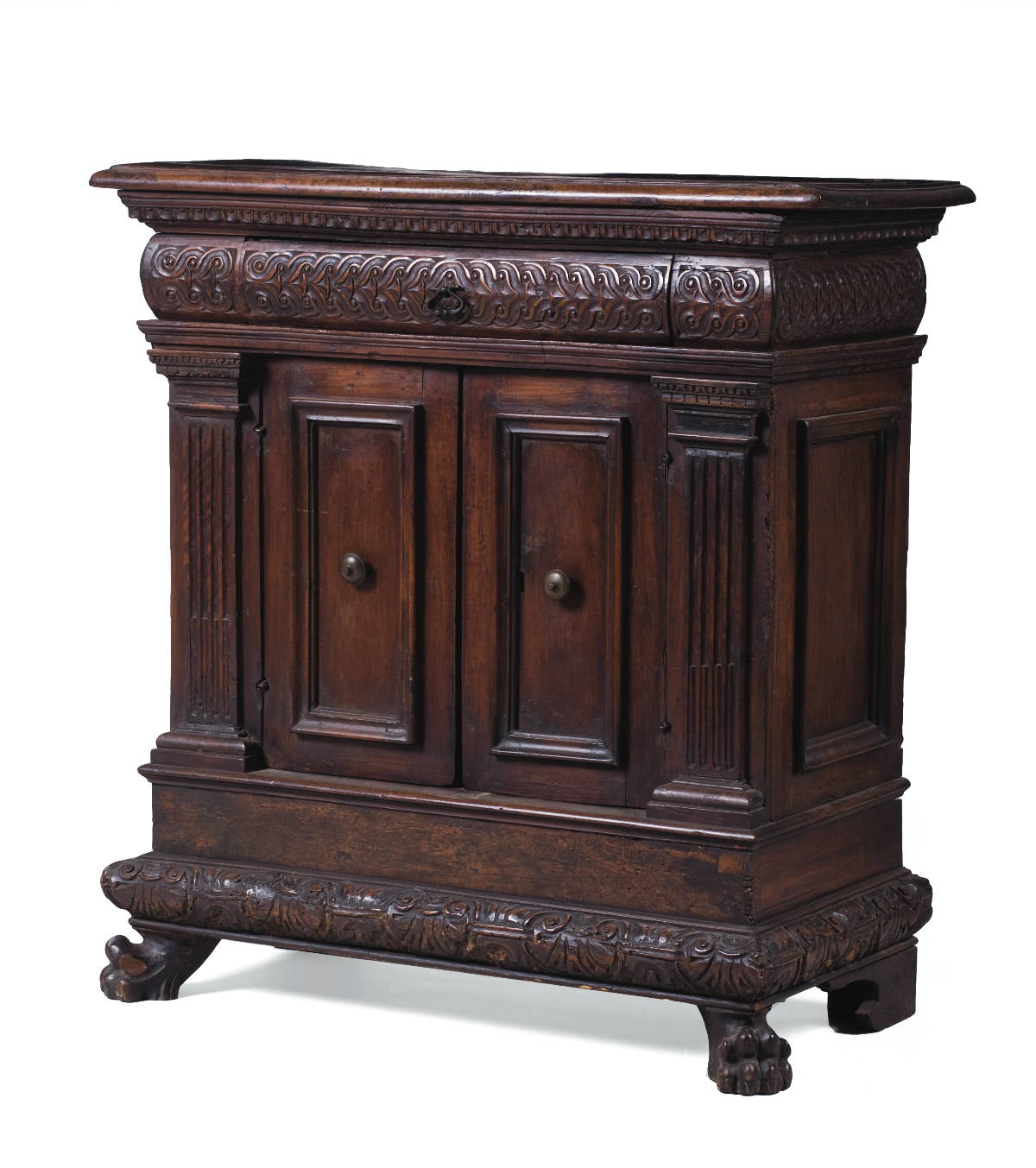 Appraisal: ITALIAN BAROQUE CARVED WALNUT SIDE CABINET The rectangular top above