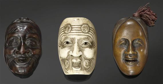 Appraisal: THREE MASK NETSUKE OF A WOMAN AND TWO OLD MEN