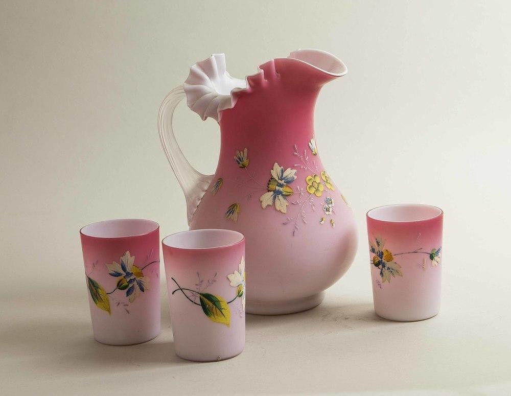 Appraisal: Pink Satin Art Glass Pitcher Glasses Enameled pink satin art