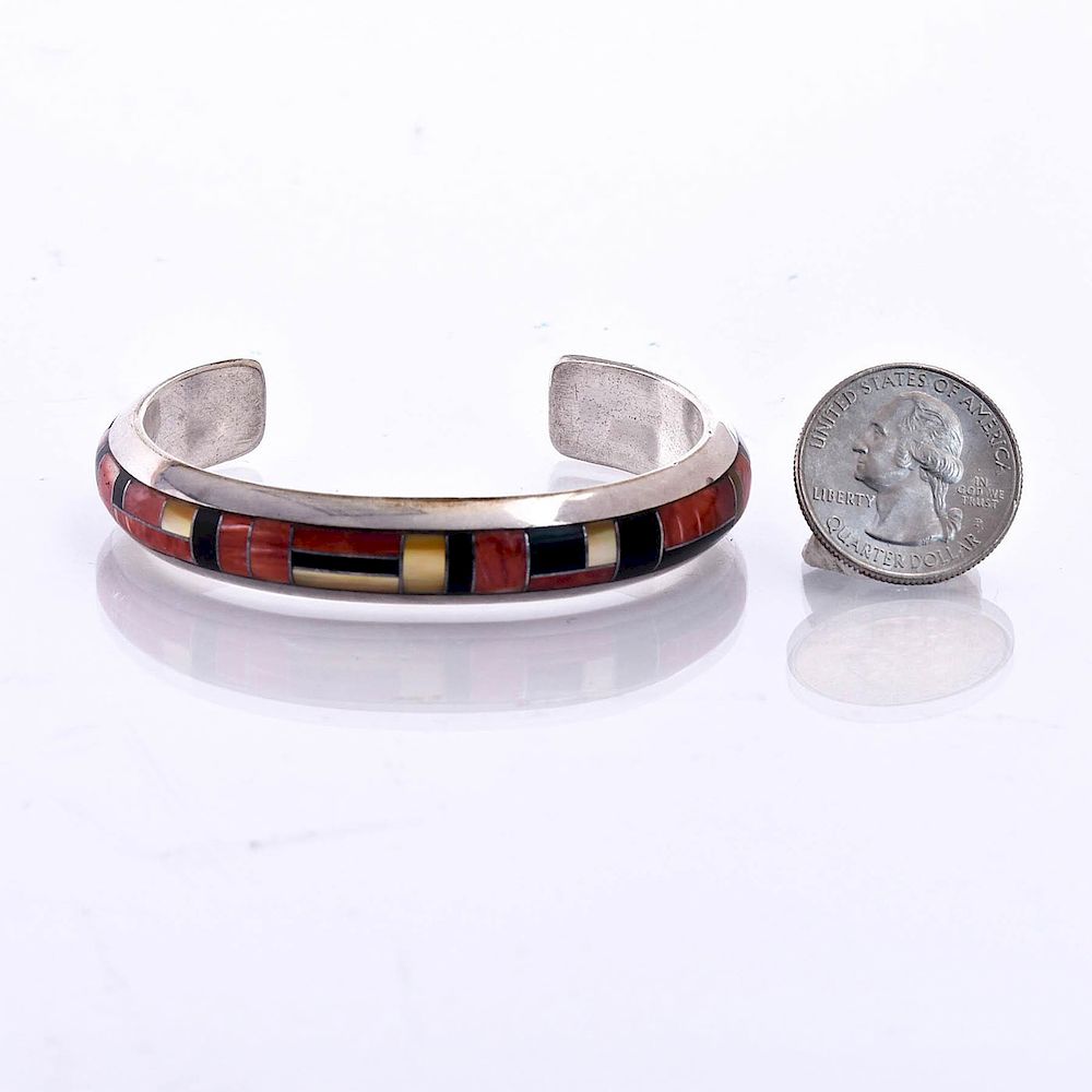 Appraisal: NATIVE AMERICAN STERLING SILVER MULTI-STONE BRACELET Geometric stone inlay Approximate