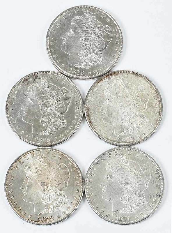 Appraisal: Group of Five First Year Morgan Dollars weak tailfeather variety