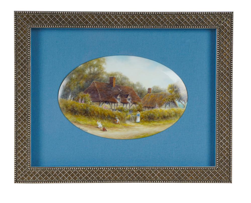 Appraisal: M HOLLOWAY RURAL LANDSCAPE WITH COTTAGE painting on porcelain signed