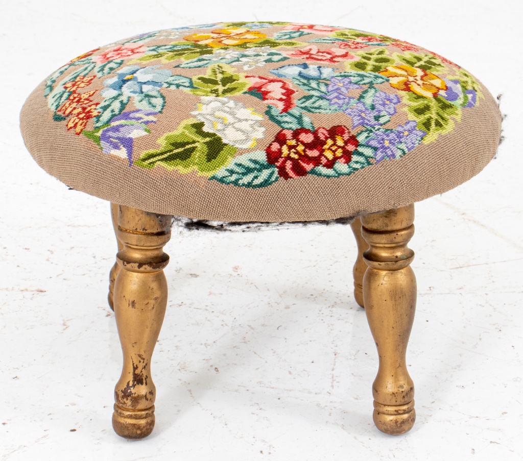 Appraisal: DIMINUTIVE PETIT POINT UPHOLSTERED FOOT STOOL Diminutive petit point upholstered