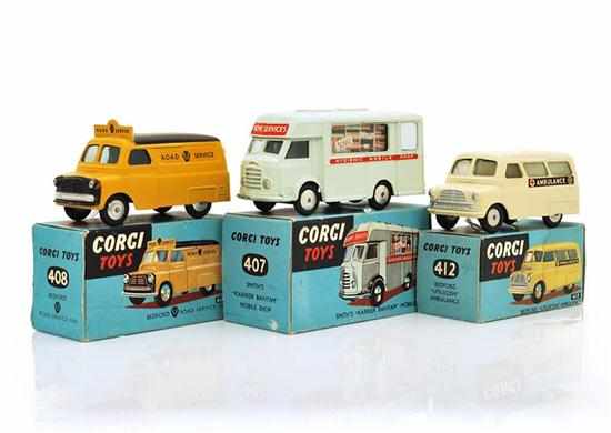 Appraisal: THREE CORGI COMMERCIAL VEHICLES INCLUDING VERY PALE GREEN AND E-M