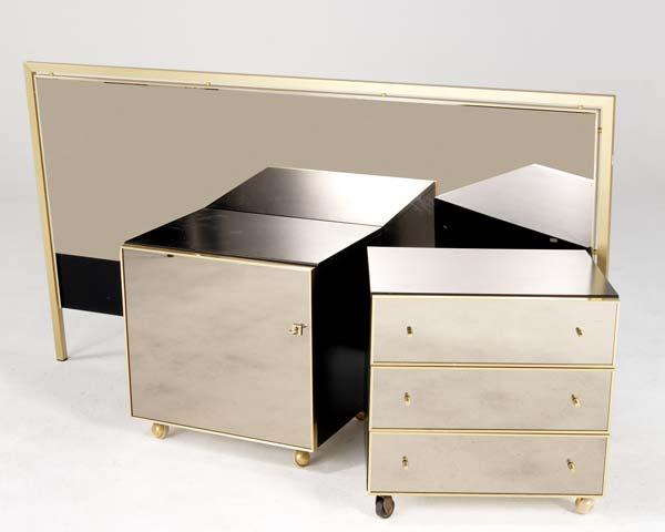 Appraisal: MODERN Mirrored bedroom set in black laminate and brass consisting