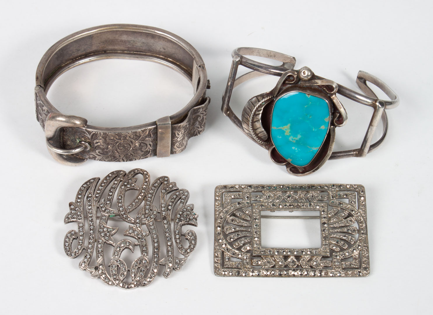 Appraisal: Two silver bracelets two marcasite pins unmarked silver and turquoise