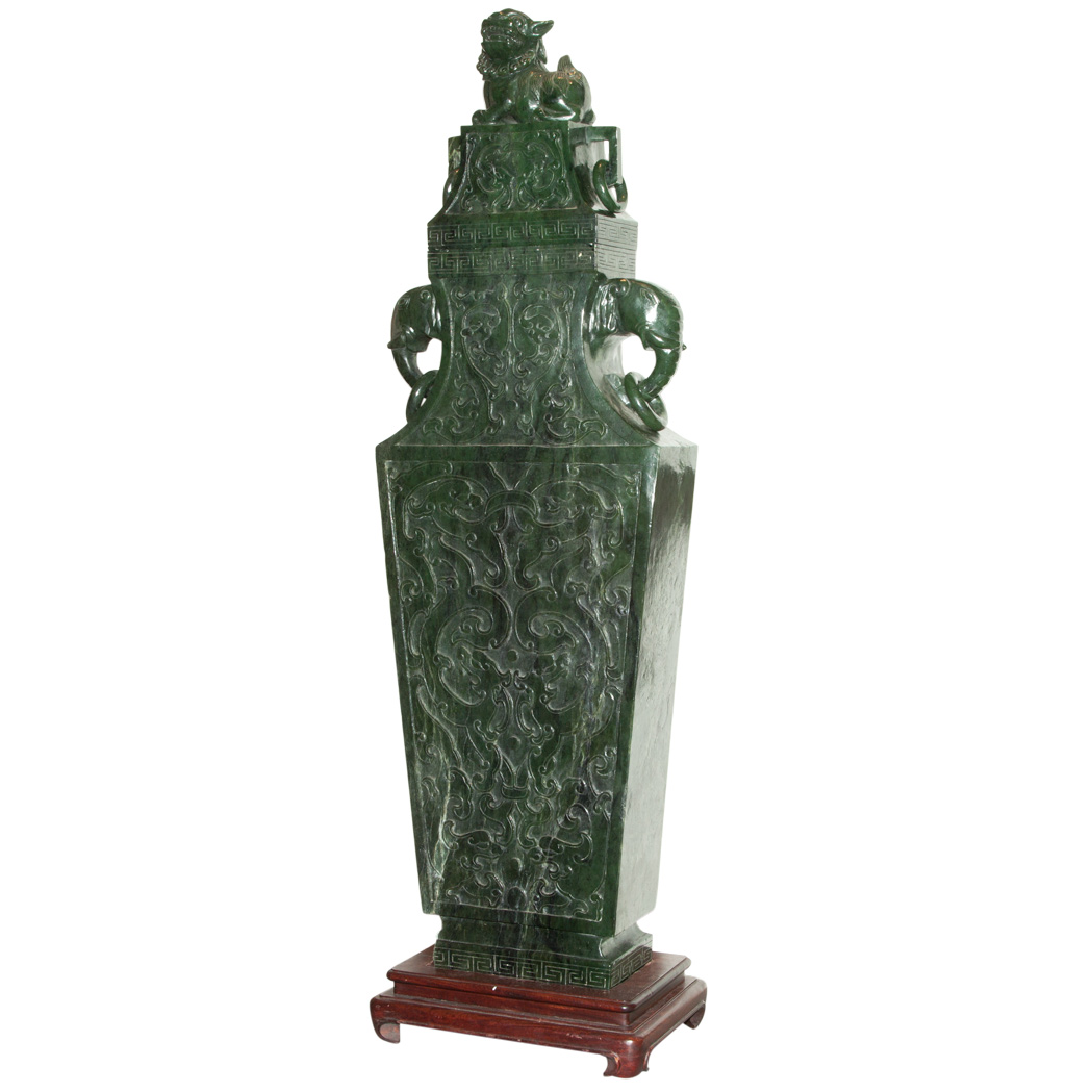 Appraisal: Chinese Green Jade Covered Vase Height inches width inches C