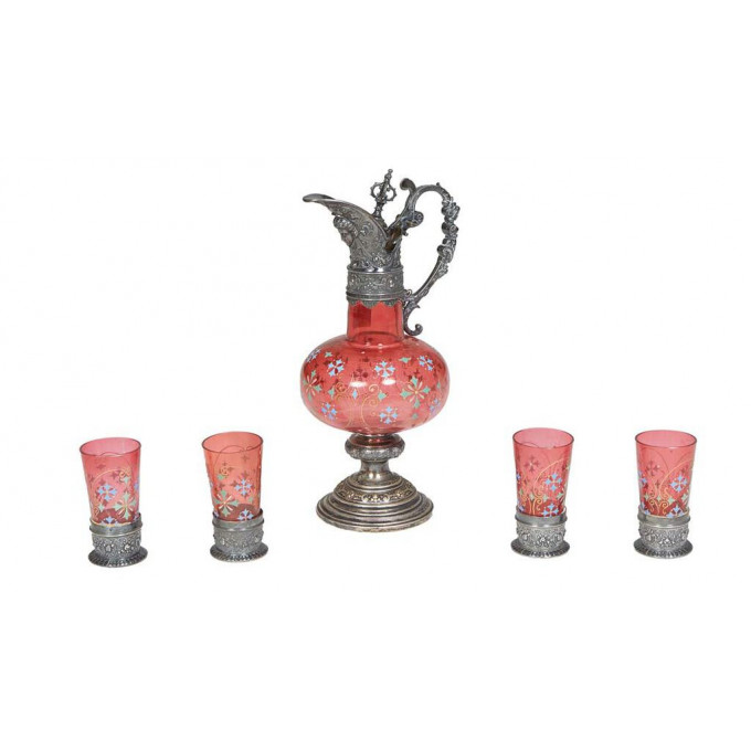 Appraisal: Five Piece Bohemian Enamel Decorated Cranberry Glass Liqueur Set th